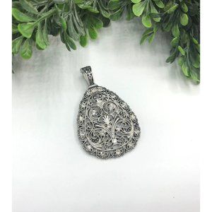 Vintage Pendant Silver Toned Teardrop Filigree Design With Rhinestones